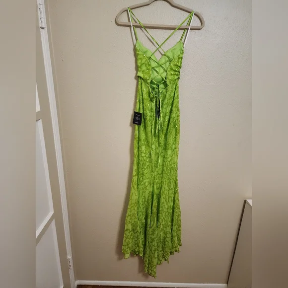 Lulus Limitless Glamour Lime Green Sequin Lace-Up Maxi Dress S Wedding Prom - Picture 9 of 12